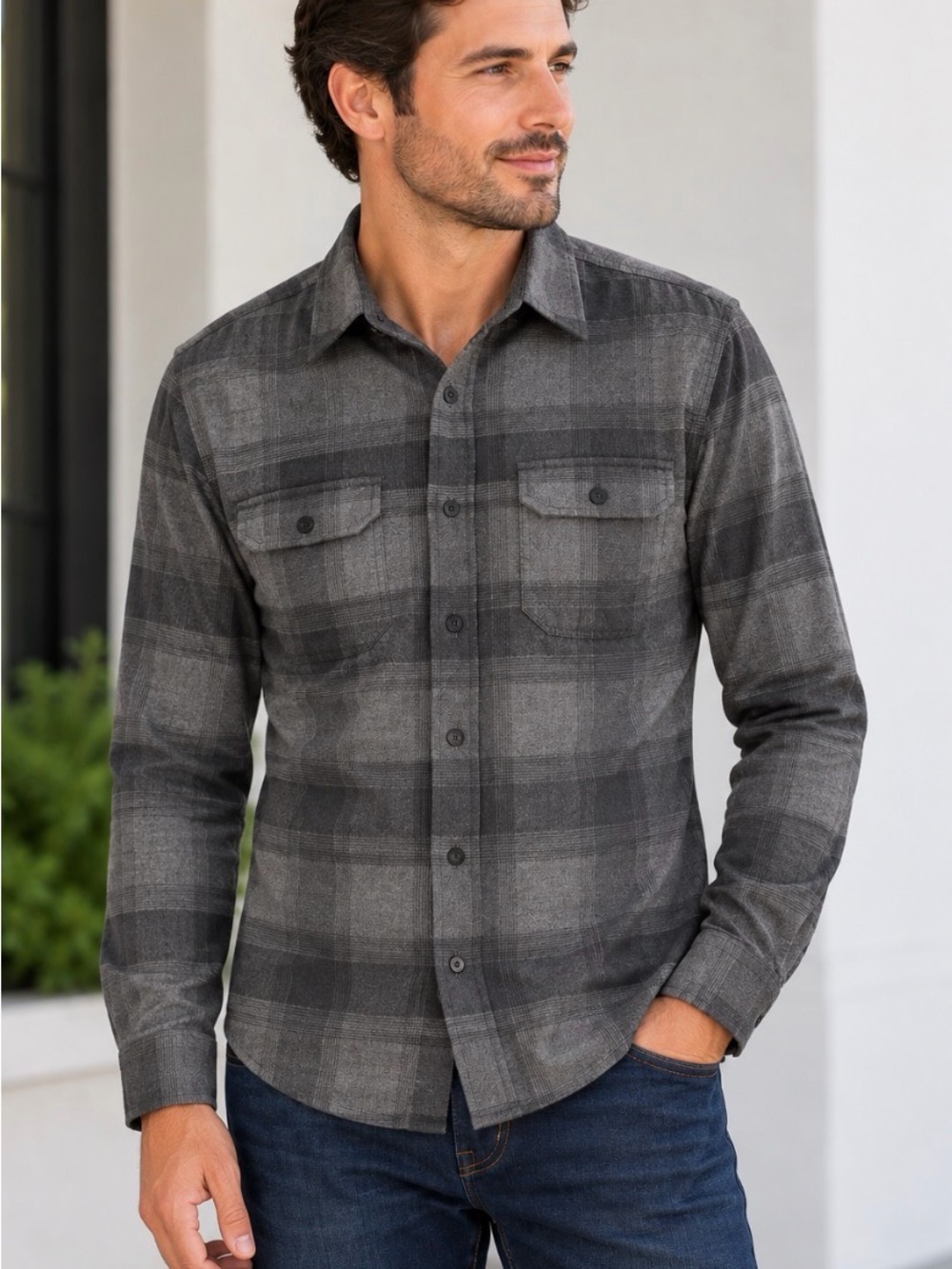 Men’s Gray Plaid Button Down Shirt Medium M Regular Long Sleeve Casual Workwear